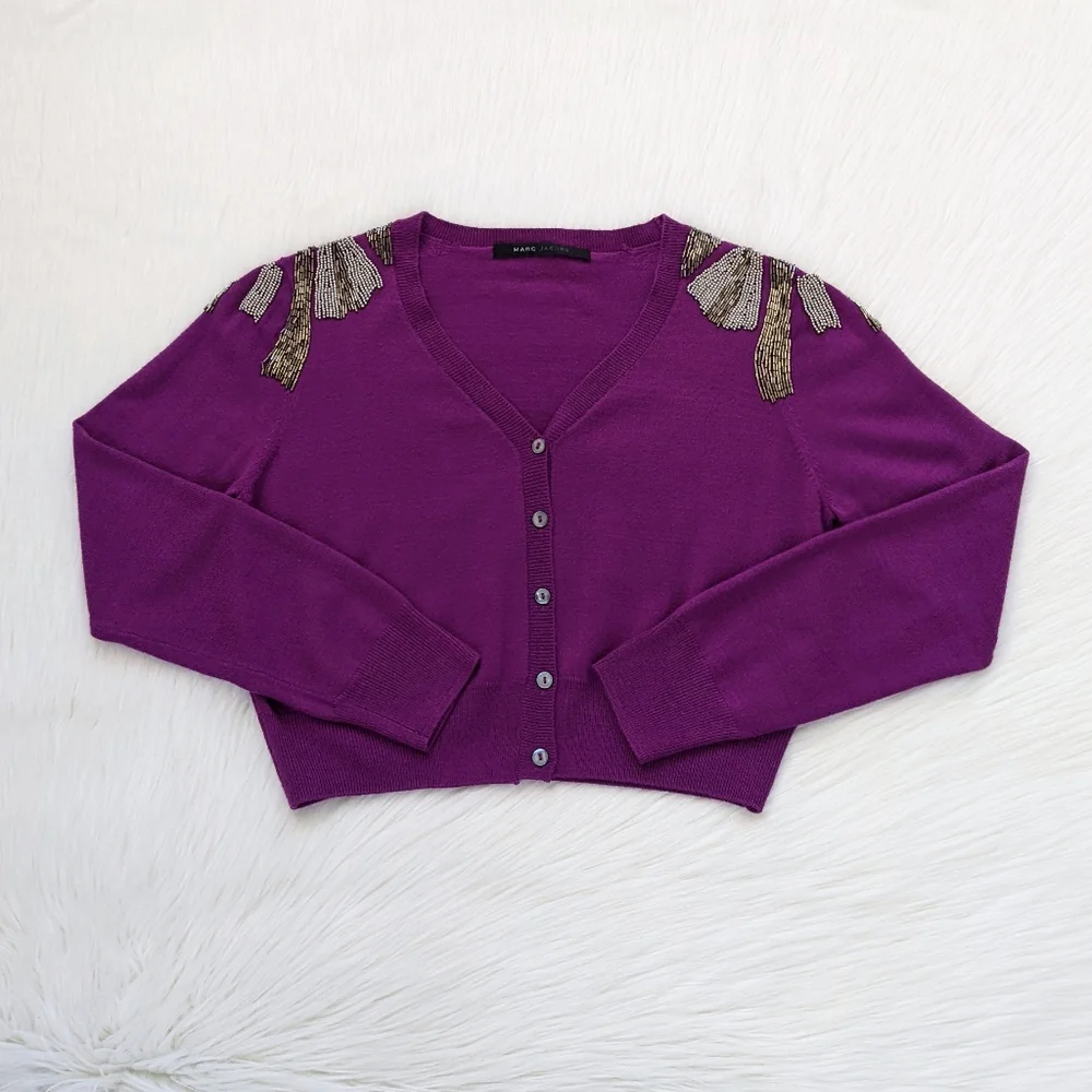Marc Jacobs Y2K Beaded Fuchsia Wool Blend Cropped Cardigan Sweater | Size S/M* - Picture 5 of 13
